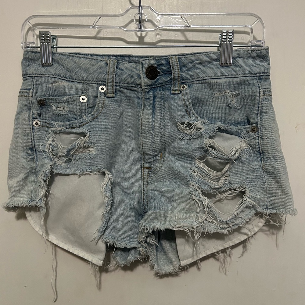 Y2K American Eagle Outfitters Light Blue Heavily Distressed Jean Shorts
